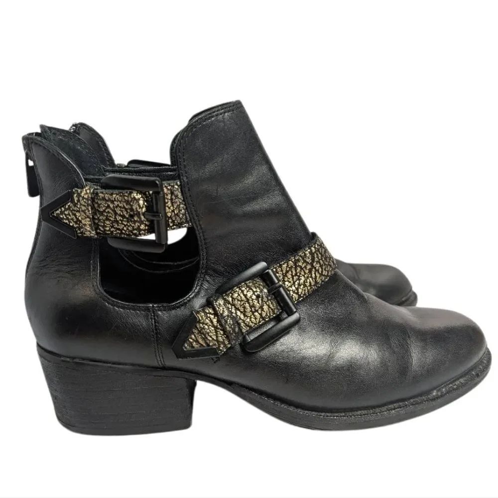 Elliot Lucca Raffaela Black & Gold Leather Cutout Ankle Boots Womens 7